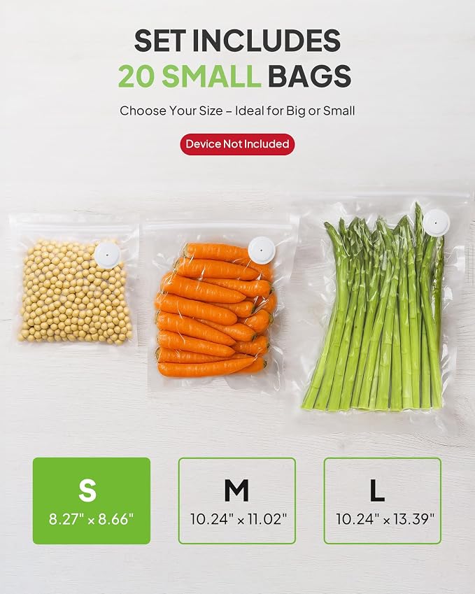 Reusable Vacuum Sealer Bags 20-Pack (Small 8.27x8.66 in) - BPA-Free Double-Seal Leakproof | Compatible with TUITUITA & Major Sealers | Freezer/Microwave/Dishwasher Safe