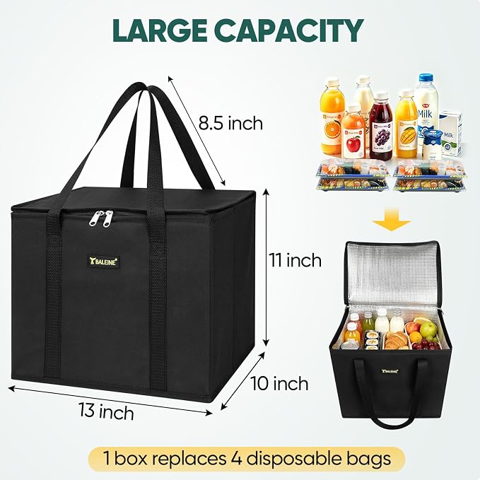 BALEINE 1Pk Insulated Reusable Grocery Bags, Foldable Shopping Bags for Groceries with Reinforced Bottom & Handles (Black)