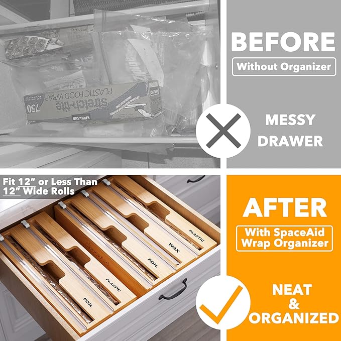 SpaceAid WrapNeat 3 in 1 Wrap Organizer with Cutter and Labels, Plastic Wrap, Aluminum Foil and Wax Bamboo Dispenser for Kitchen Storage Organization Holder for 12" Roll (Natural, 3-Slot)