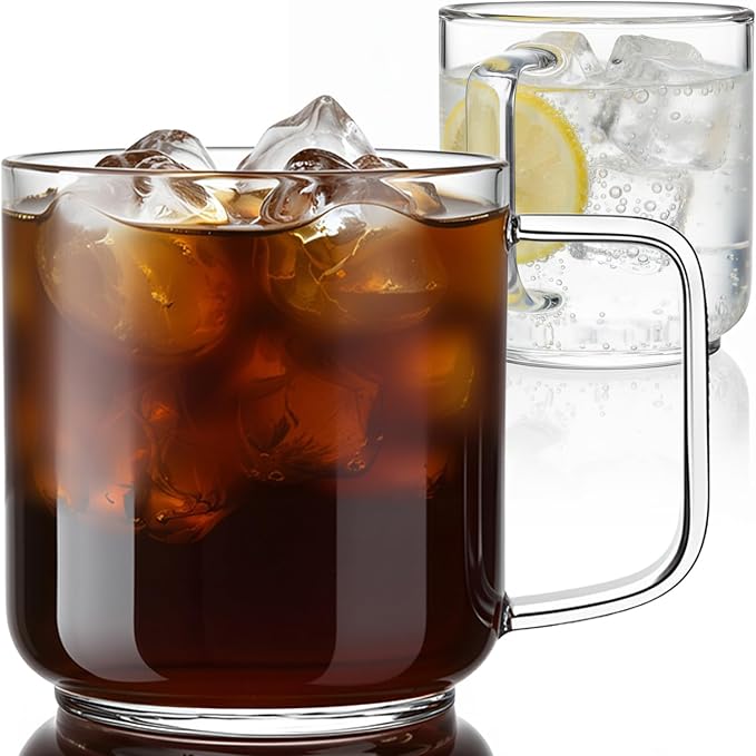 Aquach 22oz Glass Mugs Set of 2, Extra-Large Borosilicate Coffee Tea Cups | Dishwasher/Microwave Safe, Single-walled, Smooth Rim, Extra-Large Capacity, Comfort Handle, Stable Thick Base