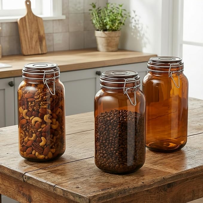 Norme 4 Pack 78oz Amber Airtight Glass Jars with Lids, Square Food Storage Container Airtight Food Wire Clip Fastening for Sauerkraut Flour Kitchen Sugar Cereal Kitchen Canning Pickling Mason Jars
