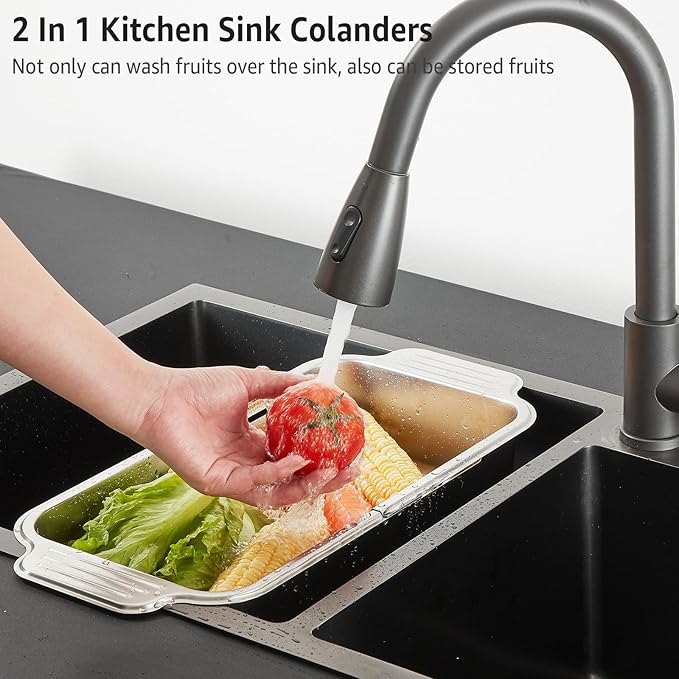 pollock 4 In 1 Collapsible Sink Colander for Kitchen Food Grade 304 Stainless Steel Over the Strainer Extend Drain Basket Washing Vegetable Fruits,Dishes