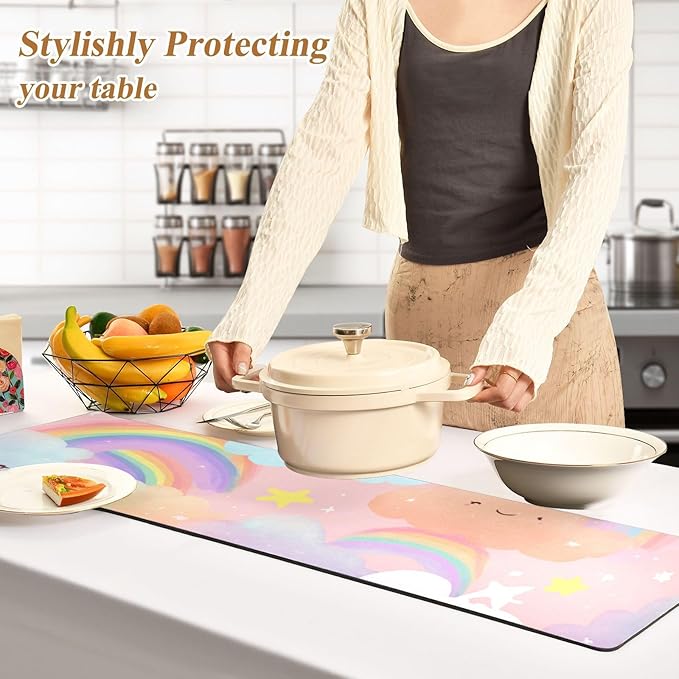 Pink Cute Rainbows and Stars Trivet Table Runner Heat Resistant 230F for Hot Dishes Pots Plates Kitchen Dining Table Protector Decorative 39.37 X 11.8 Inch