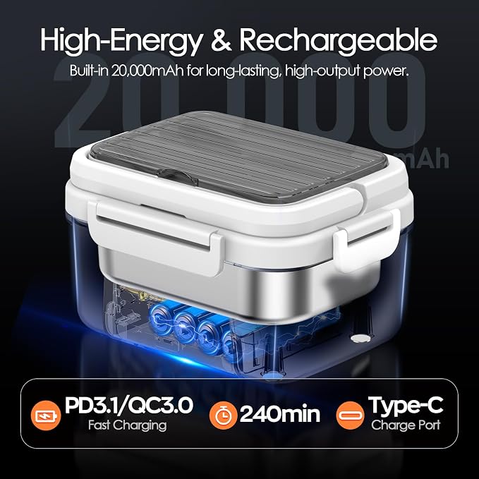 Cordless Electric Lunch Box, 6.3 Cup 100W Heated Lunch Box with 20000mAH Battery Powered for Self Heating, Including Fork Spoon and Insulated Bag for Men Women Adults, BPA Free(Black+White)