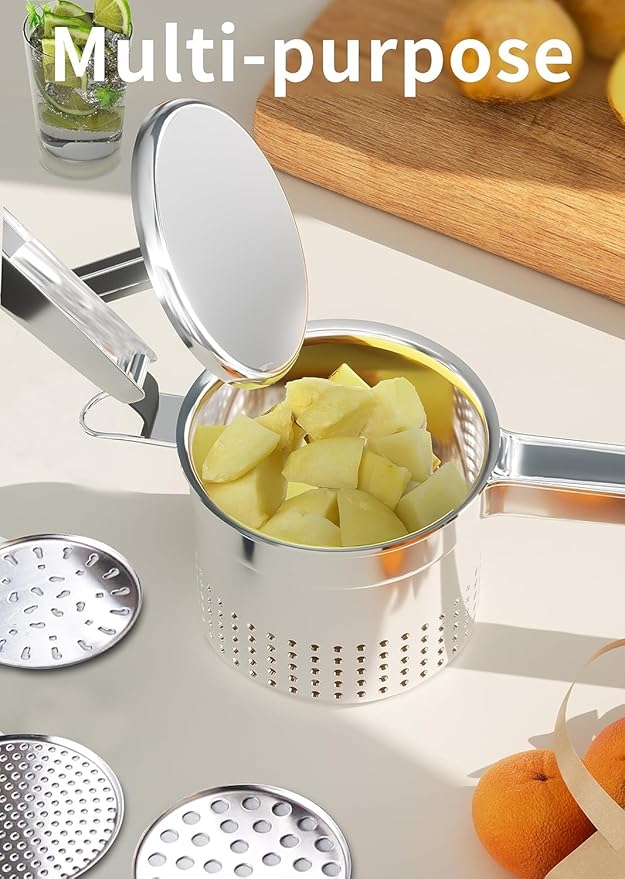 GloTika Large 15oz Potato Ricer with 3 Interchangeable Discs, Heavy Duty Stainless Steel Potato Masher with Ergonomic Handle, Masher and Ricer Kitchen Tool for Mashed Potatoes, Noodle Maker