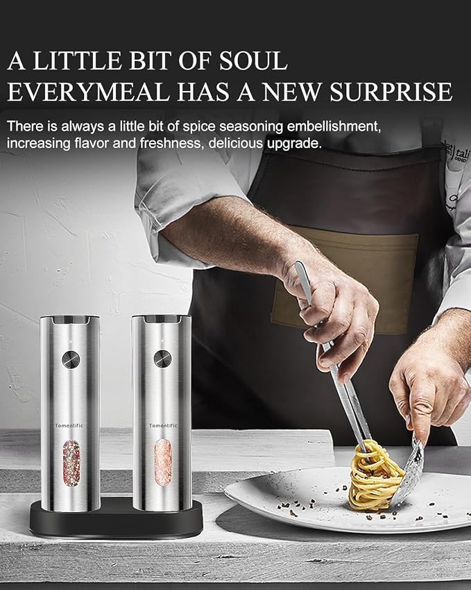 Electric Salt and Pepper Grinder Set with Rechargeable Base - Upgraded Large Capacity, Refillable Pepper Mill Set with LED Light & Adjustable Coarseness, Ideal for Kitchen, Outdoor (Light Silver)