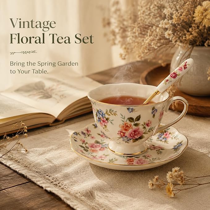 Noviko Floral Tea Cups and Saucers Flower Ceramic Cup for Women and Tea Parties (6 oz, Set of 2)