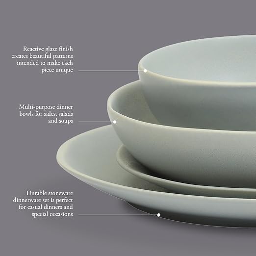 Gibson Elite Zion Mist 16 Piece Stoneware Reactive Glaze (Service for 4) Ceramic Plates and Bowls Modern Organic Dinnerware Set - Blue