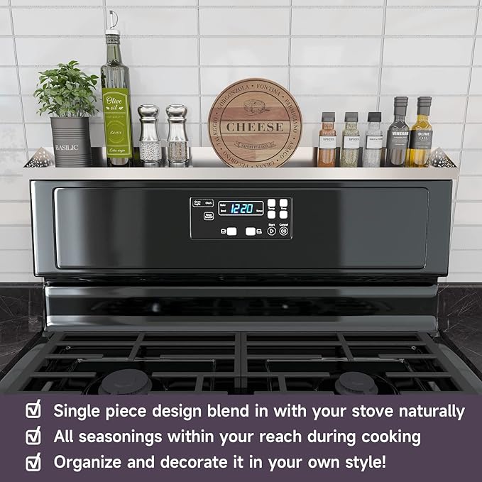 STUTOV Stove Shelf for Stove Top, Spice Rack Organizer, Easy Installation, Kitchen Storage Solution, with Standard 30" Length, Brushed Stainless Steel, Non Magnate (Stainless Steel)