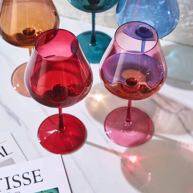 Khen Flower Blooms Colored Crystal Wine Glass Set of 5, Large 20 OZ Stemmed Glasses, Italian Style Tall Drinkware for Red & White Wine, Water, Dinner, Beautiful Gift Glassware