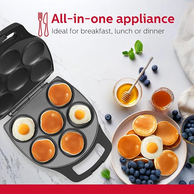 Holstein Housewares Non-Stick 6-Section Multi-Food Maker - Arepas, Mini Pancakes, Corncakes and More, 6-PC, Matte Black