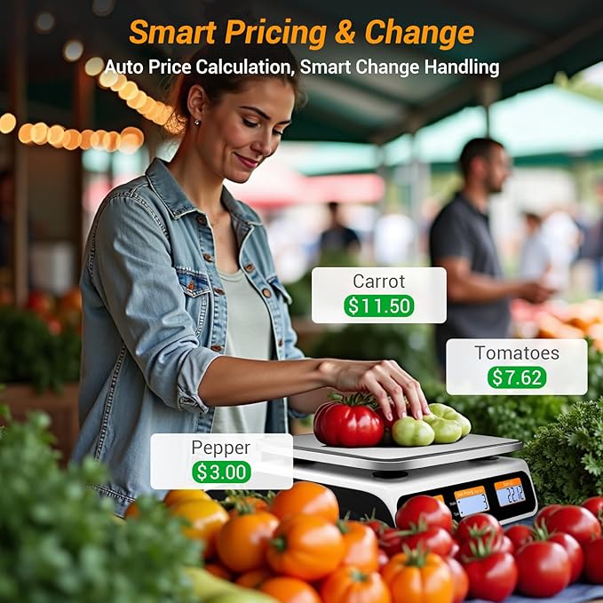 Commercial Food Scale 66lb/30kg, High Precision Digital Price Computing Scale for Farmers Marke, Deli, Dual Backlit LCD Display, Stainless Steel Platform, Rechargeable Battery for Produce Meat