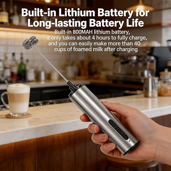 Handheld Milk Frother Wand, USB Rechargeable Electric Whisk Drink Mixer with 5 Accessories, for Coffee Lattes Baking