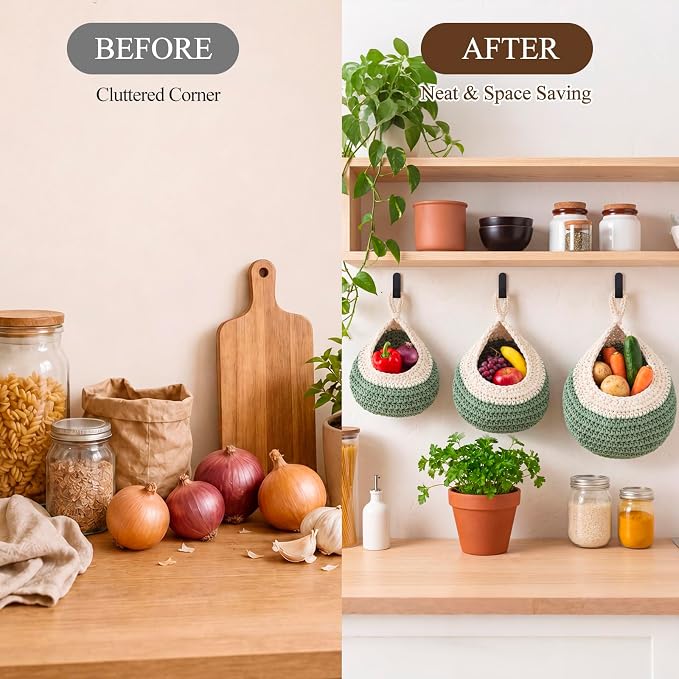 Honeydak Boho Decor Hanging Wall Baskets for Kitchen 3 Pack Teardrop Baskets with Hooks Storage Fruit Onion Vegetable Potato for Home 3 Sizes(White with Sage Green,Teardrop,Cotton Rope)
