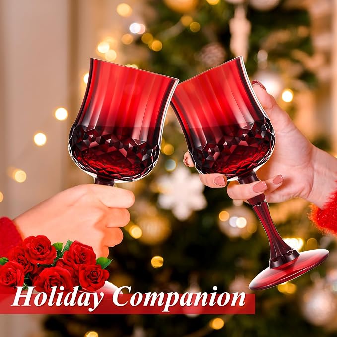 Pinkunn 24 Pcs 7 oz Plastic Vintage Wine Glasses Reusable Colored Goblets Patterned Drinking Water Glasses Cup Dishwasher Safe for Mother's Day Wedding Reception Party Supplies (Red)