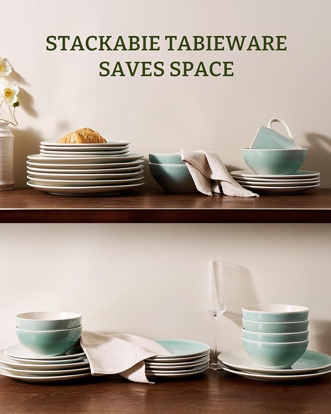 Famiware Glacier Stoneware Dinnerware Sets, 18-Piece Plates and Bowls Set for 6, Reactive Glaze Dishes, Everyday & Formal Use, Dishwasher/Microwave Safe, Chip/Scratch Resistant, Two-Color Glazed, Aqua