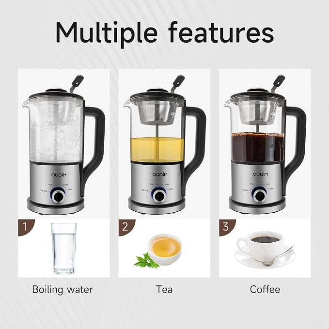 oudim Drip Electric Coffee Maker and Electric Kettle, 600 Watts, 1.2L, BPA-Free, Glass and Stainless Steel, Tea Kettle