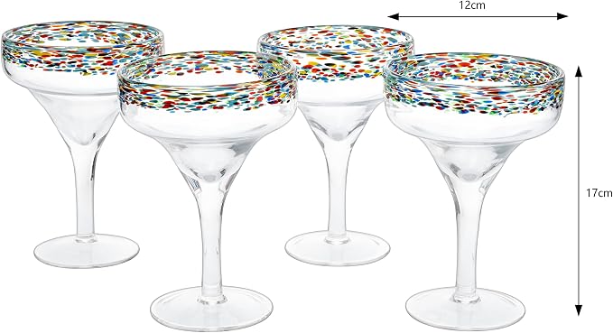 Margarita Glasses – Set of 4 - Luxury Hand Blown Confetti Margaritas, Cocktails, Water, Wine, Dessert, Martini & Champagne Cinco de Mayo, Hand Blown - Mexican Confetti Design Glass, Party, Home & Bar
