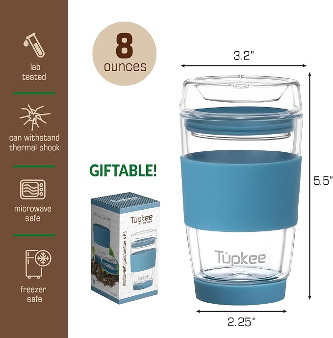 Double Wall All Glass Tumbler - 8-Ounce, Reusable Insulated Tea/Coffee Mug & Lid, Hand Blown Glass Travel Mug - Niagara - 2 Pack