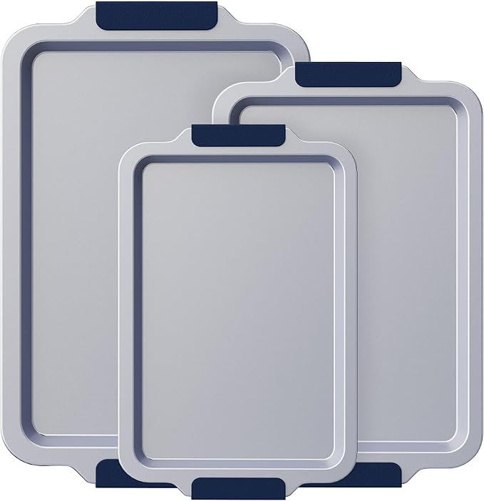 BRONYPRO Non Stick Ceramic Baking Sheet Pan Set of 3, Non Toxic Cookie Sheets (PFAS/PFOA/PTFE Free), Aluminized Steel Oven Trays with Silicone Handles, Rust-Resistant, Warp-Resistant to 500°F, Navy