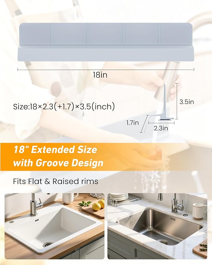 Kitchen Sink Splash Guard 18" 23" 30" Silicone Water Guard with Strong Suction Cups, Faucet & Countertop Protector, Bathroom & Sink Edge Splash Guard Strip, Dishwasher Safe-Grey 18"