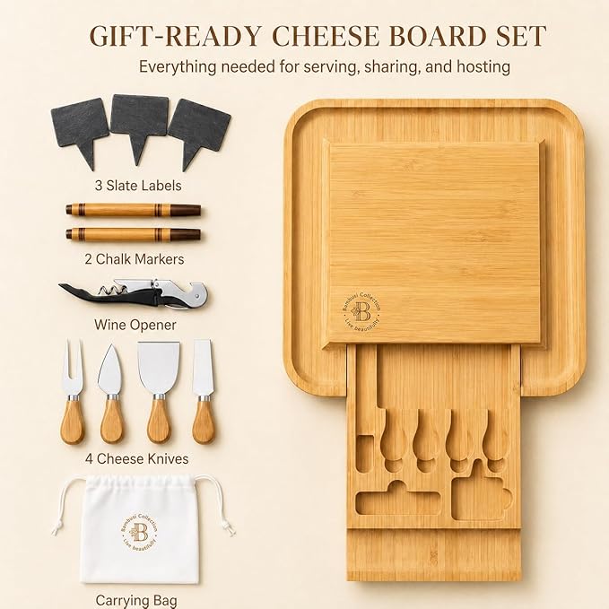Charcuterie Boards Gift Set - Bambusi Bamboo Cheese Board Set with Serving Tray and Knives, Meat and Cheese Platter for Hosting, Gifts Fot Women, Mom, Wedding, Housewarming, Birthday, Mothers Day