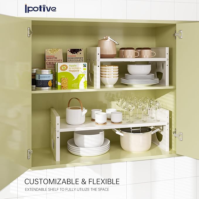 Fun-Face Expandable Cabinet Shelf Organizer,Adjustable Height & Width, Stackable Metal Storage Rack,Kitchen Spice Rack, Pantry Shelf, Countertops (2, White)