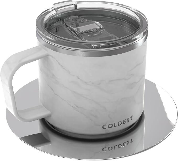 Stackable Insulated Espresso Cup with Saucer by Coldest - Insulated Triple Wall Travel Stainless Steel Travel Double Shot Espresso Coffee Mug with Sliding Lid (4 oz, Carrara Marble)