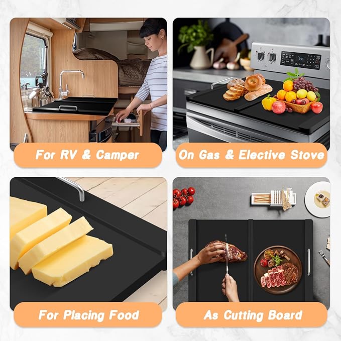 Stove Top Covers with Silicone Mat for Electric Stove,Stove Top Covers for Gas Burners,Folding Noodle Board Stove Cover,RV Stove Top Cover,Over Sink Cutting Board(29.5×22inch)(Mat 28×20inch) Set-Black