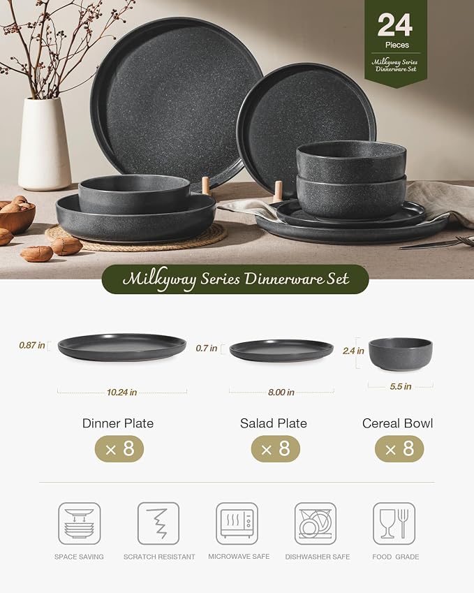 Famiware Milkyway Plates and Bowls Sets, 24 Pieces Dinnerware Sets, Reactive Glaze Dish Set, Stoneware Dishes Set for 8, Matte Dark Charcoal