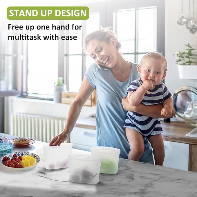Bundle of 6 Pack Mini Collapsible Silicone Snack Containers with Lids + 4 Pack 100% Silicone Reusable Food Storage Bags 16oz Translucent