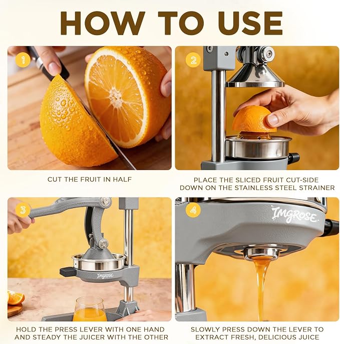 Cast Iron Juicer,Manual Juicer Hand Press,Orange Lemon Squeezer,Heavy Duty Manual Juicer,Professional Citrus Juicer Fruit Juice -Stainless Steel,Easy to Clean Grey