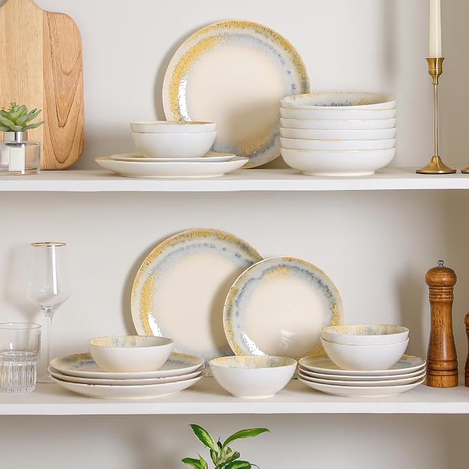 DOMICREVERY Ceramic Dinnerware Sets for 6, 24 Pieces Plates and Bowls Sets, Lemon Sea