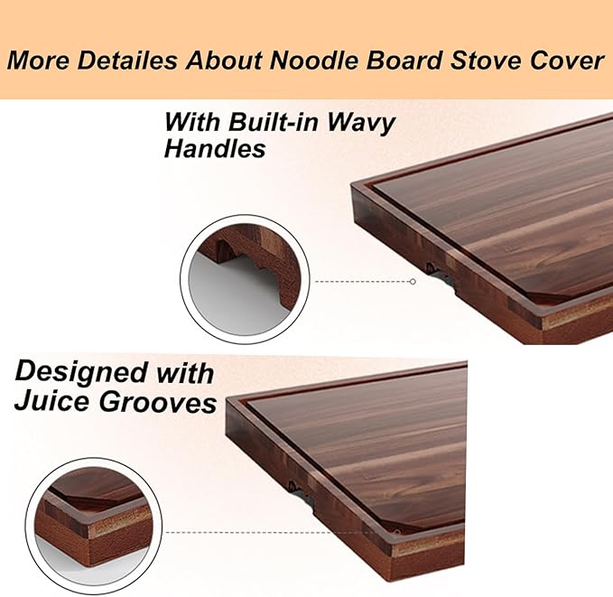 Acacia Stove Top Cover for Gas Burners & Electric Stove, Noodle Board Stove Cover with Wavy Handles, Wooden Stovetop Cutting Board with Juice Grooves, Serving Tray 30"L x 22"W x 2.5"H