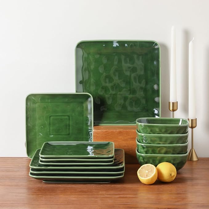 Vicrays Ceramic 18 Pieces Square Dinnerware Set - Dinner Plates Salad Plates Cereal Bowls Set Service for 6 - Scratch Resistant Microwave Oven Dishwasher Safe - Green