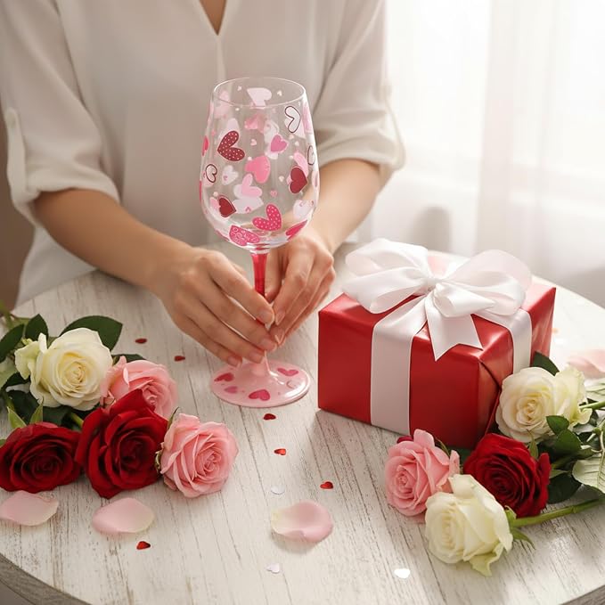 SiliFine 4 Pcs Valentine's Day Party Stemmed Wine Glasses Hand Painted Drinking Cup Wine Glasses for Birthday Theme Holiday Party Supply