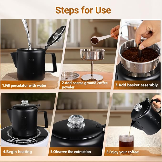 No Coating 6 Cup Percolator Coffee Pot 304 Stainless Steel Moka Pot Stovetop Espresso Maker Italian Greca Cuban Machine 1000ml 33.8oz Suitable for Gas Induction Stovetop Camping Kettle