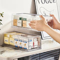 Pull Out Drawer Medicine Box for Safe Medication Storage, Large Refrigerator Storage Bin for Kitchen Food Safe, Tablet Box for Kids Home/Office Organize Ointments,2 Pack - Clear（ Medium）