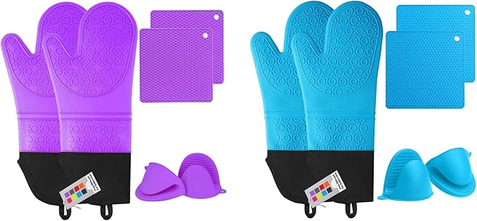 Extra Long Silicone Oven Mitts and Pot Holders Sets, Purple and Blue