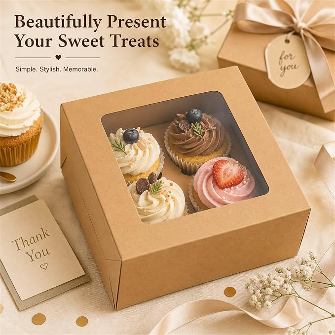 QTLCOHD 100Pcs Cupcake Boxes 4 Count with Window 6x6x3 Inch | Cupcake Containers Brown Cupcake Box Bulk for Cupcakes Muffins Cookies Pastries