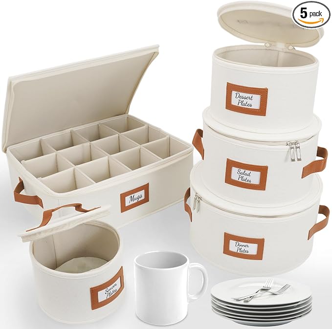 HOMELUX THEORY Hard Shell China Storage Containers, 5pc Ivory Mug & Plate Storage Box, Kitchen Storage Bins With Lids, Heavy Duty Moving Box with Handles for Dishes, Glassware, Stemware, Cup & Mug