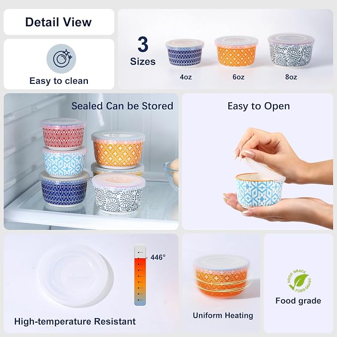 Selamica 6 oz Ramekins with Lids Oven Safe, Creme Brulee Ramekins Souffle Dishes with Covers, Pudding Custard Cups Stackable Ceramic Mini Ramekin Bowls Set for Baking, Dipping, Set of 6, Assorted Colors