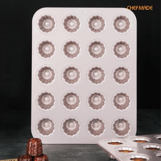 CHEFMADE Mini Canele Mold Cake Pan, 20-Cavity Non-Stick Mini Canele Muffin Bakeware Cupcake Pan for Oven Baking (Champagne Gold)