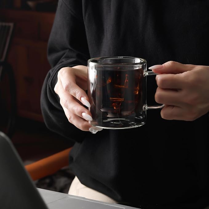 NIRA.Z 12 OZ Double Walled Glass Coffee Mugs Set of 2 Clear Coffee Cups with Handle 355ml Hand-Blown Insulated Glass Tea Cups for Hot & Cold Beverages, Cappuccino, Latte, Tea Bags, Espresso, Americano