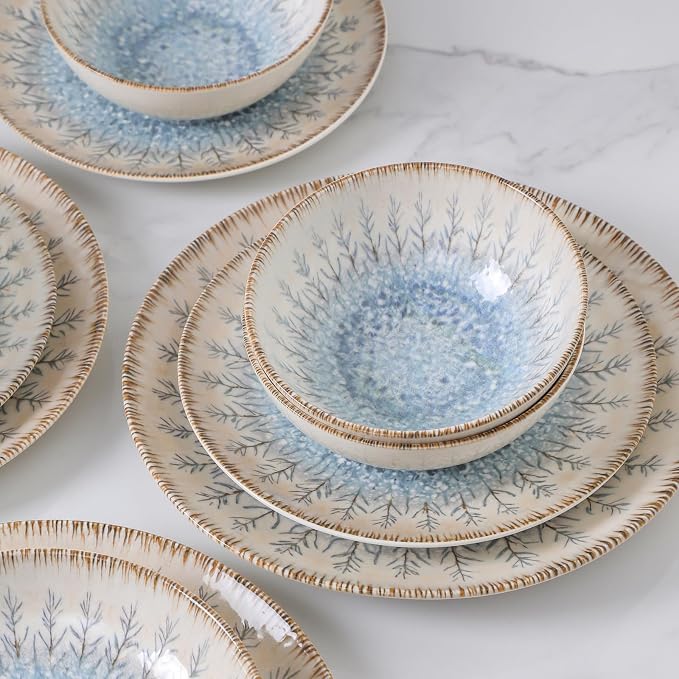 DOMICREVERY Ceramic Dinnerware Sets for 4, 12 pcs Scratch Resistant Dish Set, Blue Branch