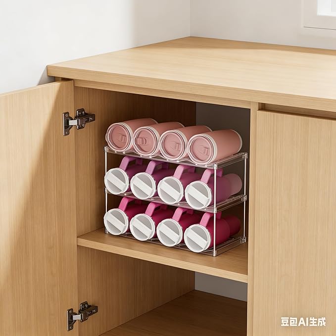 Stackable Water Bottle Organizer for Cabinet,3 Tier Water Bottle Holder for Stanley Yeti 40 oz Bottle Shelf,Clear Tumbler Storage Organizer,Wine Rack,Cup Organizer for Kitchen Cabinets Counter Pantry