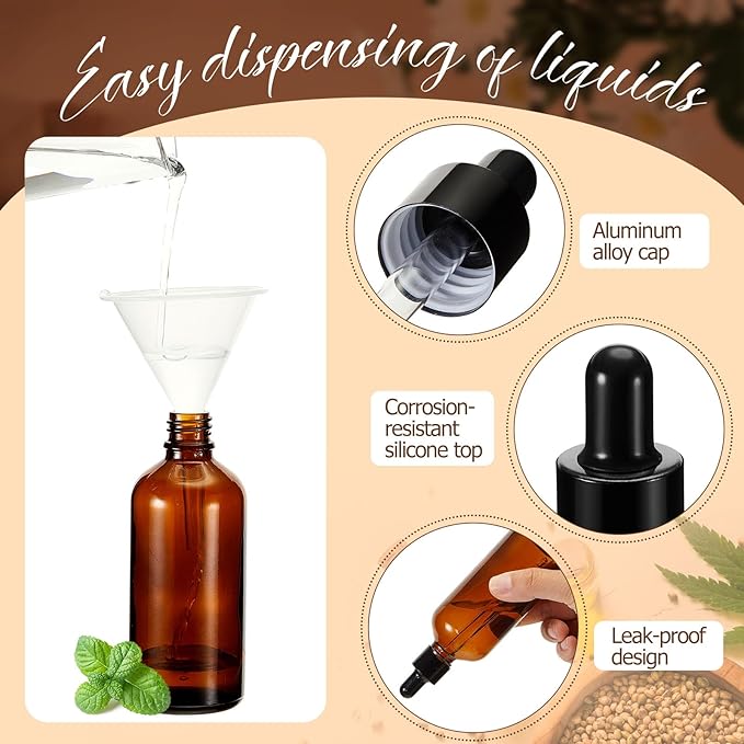 Lallisa 48 Pack 4oz Amber Glass Bottles with Glass Eye Droppers for Essential Oils with 4 Pcs Long Pipettes 4 Funnel and 80 Label, 120 ml Droppers for Perfumes Lab Travel