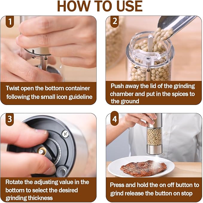 Electric Salt and Pepper Grinder Set Upgraded Stainless Steel Spice Grinder USB Rechargeable Automatic Pepper Mill Dual Charging Station Grinder Shakers, Silver