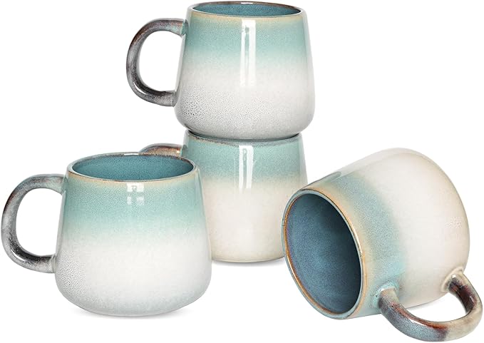 Bosmarlin Ceramic Coffee Mug Set of 4, 17 Oz, Coffee Cups with Big Handle, Microwave and Dishwasher Safe (Green)
