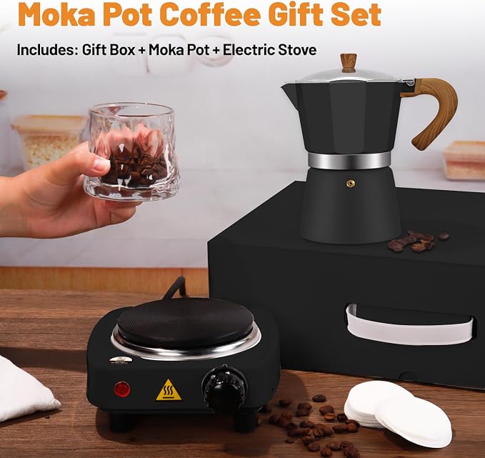 2-in-1 Aluminum Moka Pot Set with Electric Stove Classic Stovetop Espresso Coffee Maker 150ml 5oz Mocha Express Portable Gift Camping Travel Preferred Cafe Italian Cuban Café Brewing 3 Cup